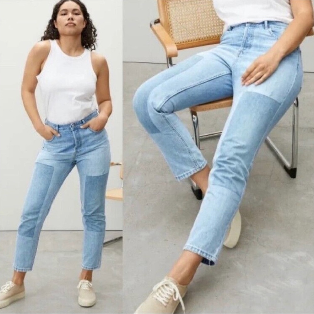 EVERLANE The Curvy '90s Cheeky Straight Jean Patched Blue 25 Crop Ankle Distress